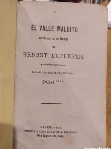 Portada do libro de Ernest Duplessis, El valle maldito
