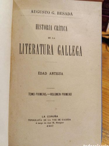Portada do libro de Augusto G. Besada Historia Crítica de la Literatura Gallega (1887)