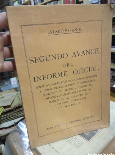 Portada do libro de SEGUNDO AVANCE DEL INFORME OFICIAL. MCMXXXVI. 1936. ESTADO ESPAÑOL