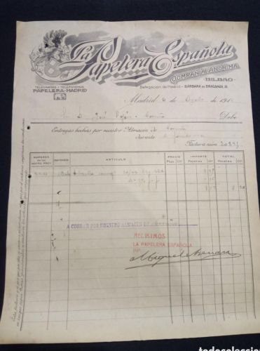 Portada do libro de FACTURA LA PAPELERA ESPAÑOLA. COMPAÑIA ANONIMA. BILBAO. DELEGACION MADRID. 1913