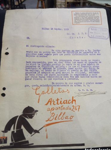 Portada do libro de CARTA DE GALLETAS A ARTIACH A CLIENTE. 1929. LA CORUÑA. AGRADECIENDO ENCARGOS