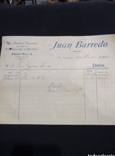 Portada do libro de FACTURA JUAN BARREDO. LA PRIMITIVA CORUÑESA. FABRICA DE ACHICORIA. LA CORUÑA 1916