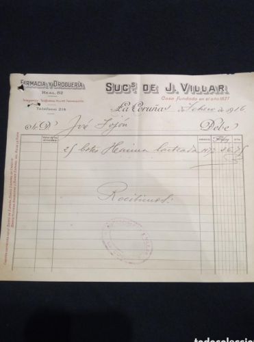 Portada do libro de FACTURA FARMACIA Y DROGUERIA VILLAR. LA CORUÑA. 1916