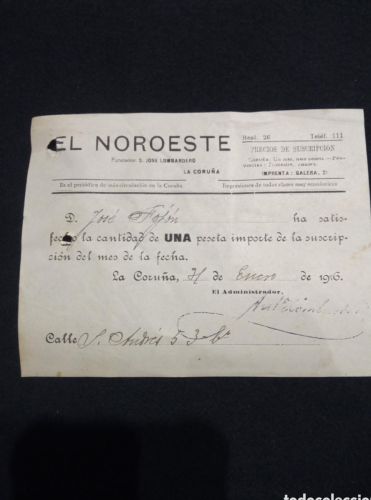 Portada do libro de EL NOROESTE. SUSCRIPCION, LA CORUÑA. 1916