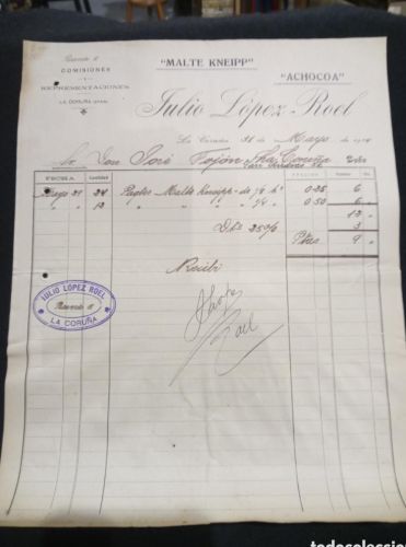 Portada do libro de FACTURA JULIO LOPEZ ROEL. MALTE KNEIPP. LA CORUÑA 1914