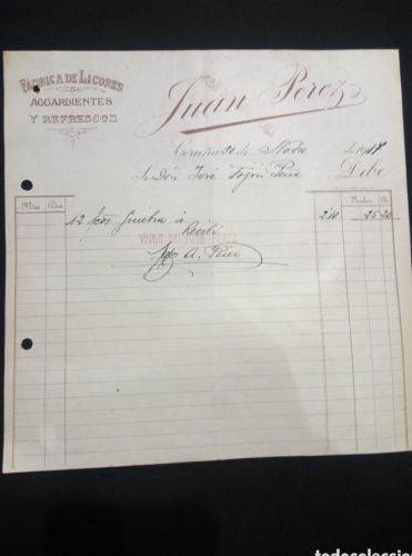 Portada do libro de FACTURA JUAN PEREZ. FABRICA DE LICORES AGUARDIENTES Y REFRESCOS. LA CORUÑA. 1917