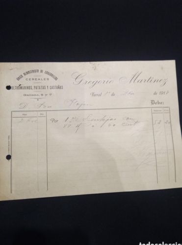 Portada do libro de FACTURA GREGORIO MARTINEZ. LA CORUÑA 1917. ALMACENISTA DE CASCARILLAS. CEREALES. PATATAS CASTAÑAS