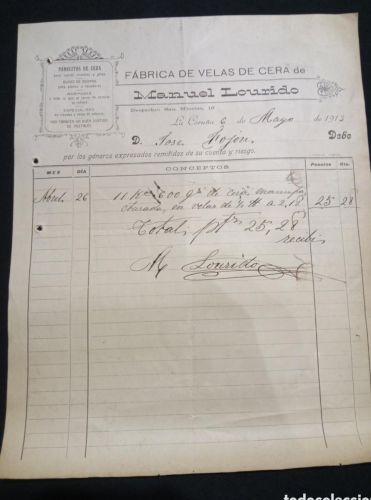 Portada do libro de FACTURA FABRICA DE VELAS DE CERA MANUEL LOURIDO. 1913. LA CORUÑA
