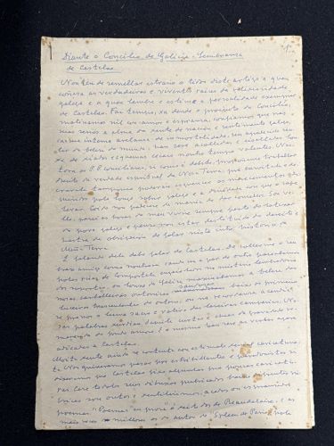 Manuscrito de Ramón Otero Pedrayo. Concilio de Galicia. Lembranza de Castelao