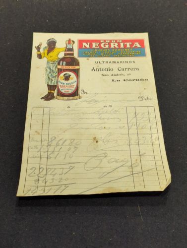 Portada do libro de Factura antigua. Ultramarinos Antonio Carrera. San Andrés 28, A Coruña. Rhum Negrita