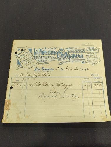 Portada do libro de FACTURA ANTIGUA. LA PAPELERA GALLEGA. 1920. FABRICA DE BOLSAS DE PAPEL DE TODAS CLASES PARA ULTRAMARINOS
