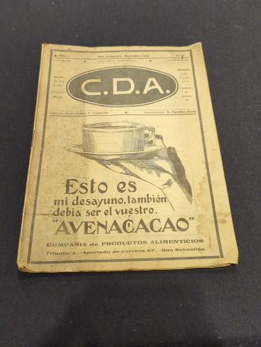 Portada do libro de Revista C.D.A. San Sebastián. Noviembre 1923. Revista mensual. Higiene. Literatura