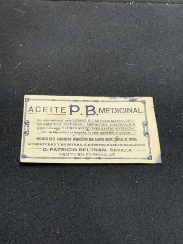 Portada do libro de Tarjeta publicitaria original ¨Aceite P.B. Medicinal¨. Patricio Beltrán-Sevilla