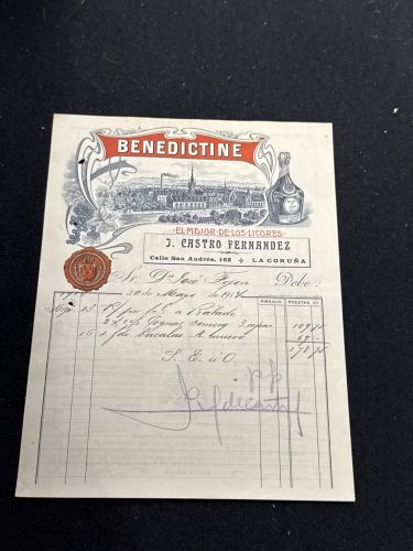 Portada do libro de Factura J. Castro Fernández. Benedictine. El mejor de los licores. Calle San Andrés. La Coruña. 1917