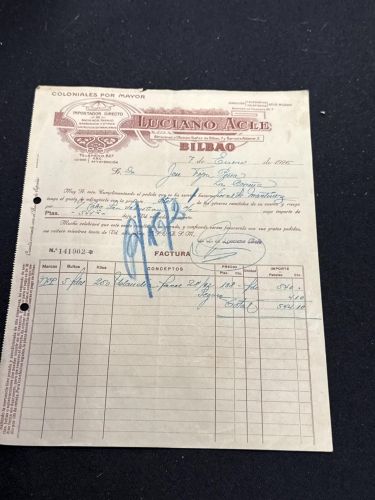 Portada do libro de Factura Luciano Acle. Importador directo de bacalaos, tasajo, garbanzos y otros Bilbao. La Coruña 1926