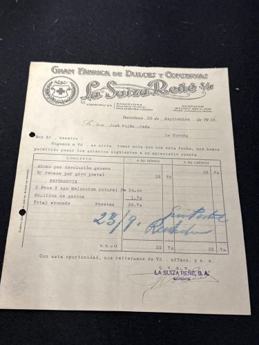Portada do libro de Factura Gran Fábrica de Dulces y Conservas. La Suiza Reñé. Barcelona 1929. La Coruña