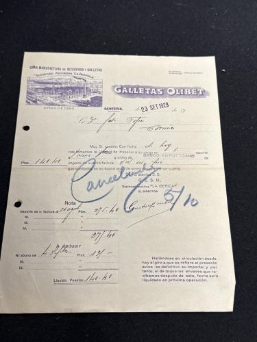 Portada do libro de Aviso de giro. Gran manufactura de bizcochos y galletas. Sociedad Anónima ¨ La ibérica¨. Galletas Olibet....