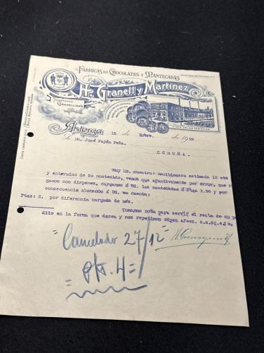 Portada do libro de Factura Fábricas de Chocolates y Mantecadas de H. Granell y Martínez. Astorga. Coruña. 1929