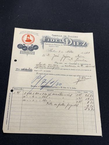Portada do libro de Factura Fábrica de Dulces Fidel Diez. Hurtado de Amézaga. Bilbao. Coruña. 1929