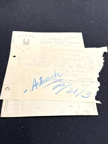 Portada do libro de Factura Casa Manolo. Ultramarinos finos de Manuel Iglesias Vázquez. Bailen 10. Coruña. 1929