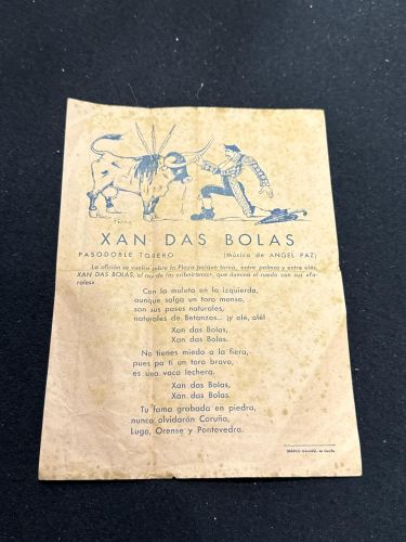 Portada do libro de XAN DAS BOLAS – Pasodoble Torero – Ángel Paz – Hoja publicitaria taurina – La Coruña – Gráfico Galaico...
