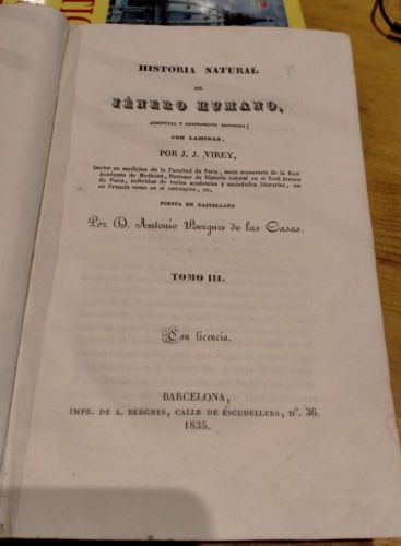 Portada del libro de Virey, Historia Natural del Jénero Humano, tomo III (1835)